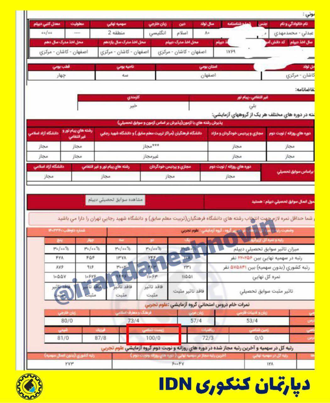 کارنامه محمدمهدی عبدلی رتبه برتر کنکور دپارتمان کنکوری IDN